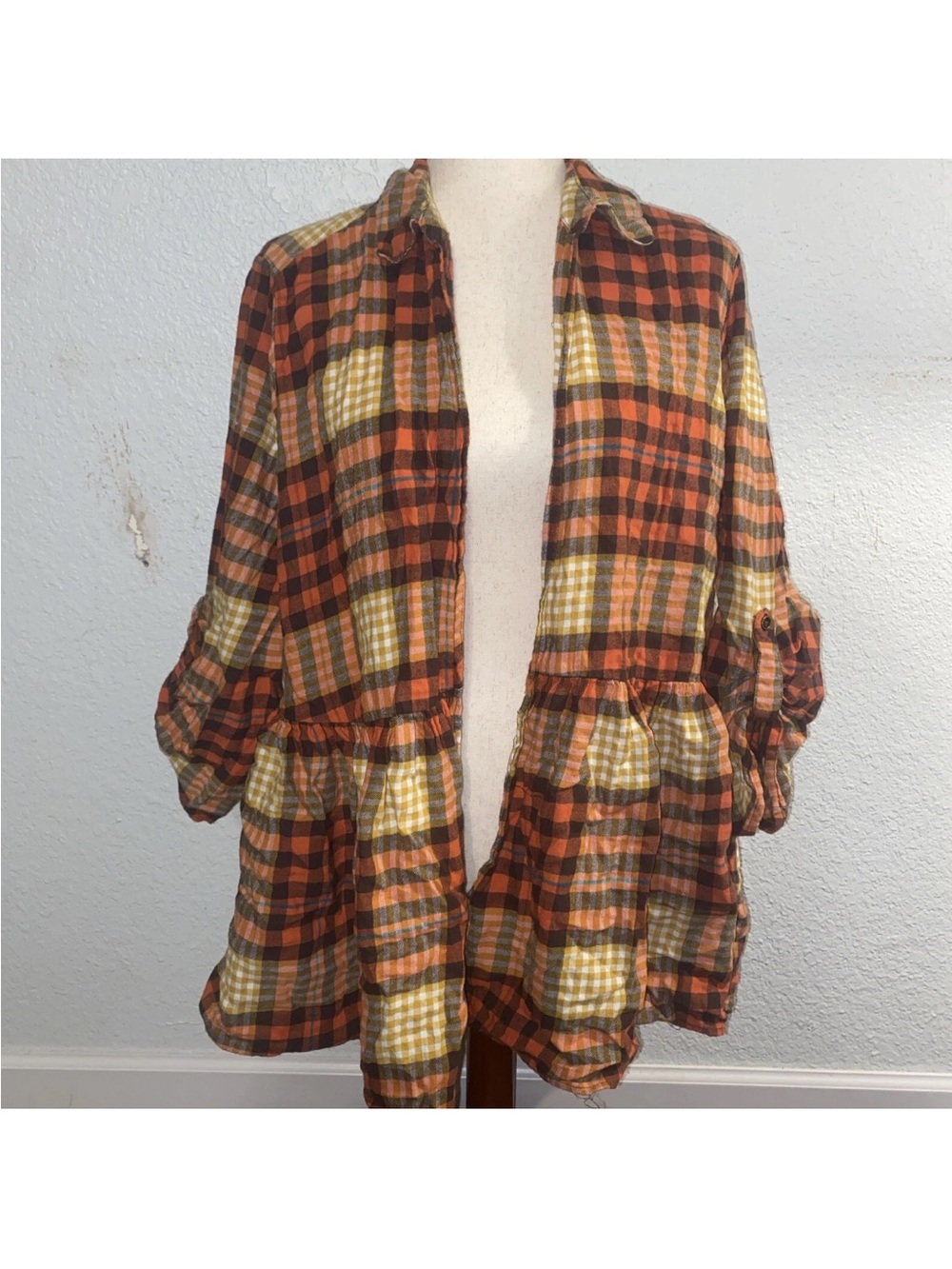 Cato Orange Black Yellow Plaid Open Cardigan